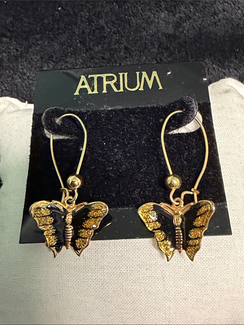 BNWOT BLACK & GOLD ENAMEL BUTTERFLY FRENCH HOOK EARRINGS